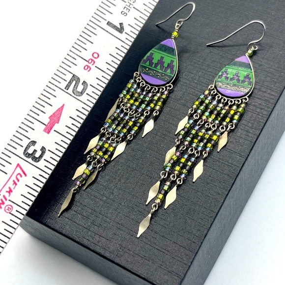 Artisan Native Dangle Fringe Earrings Silver Purple 3.5" - Picture 2 of 5